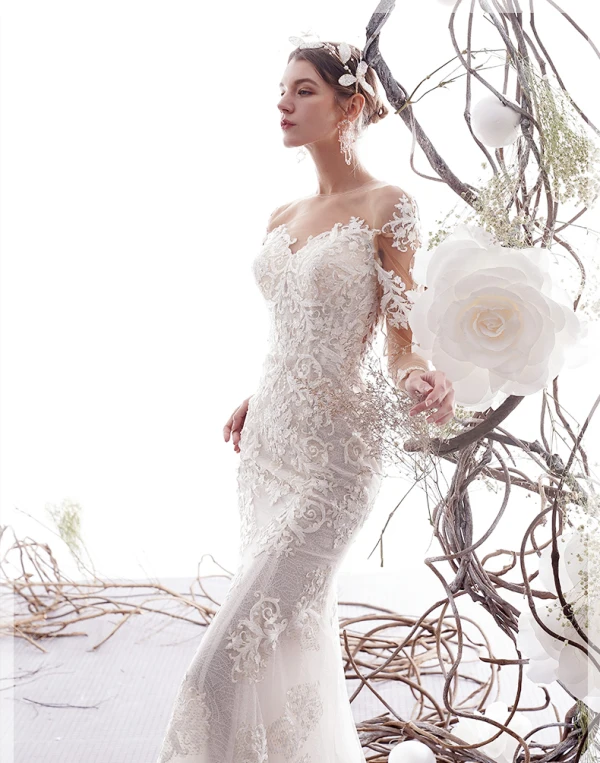 Charmant Ivoire Robe De Mariée 2019 Trompette / Sirène Transparentes Encolure Dégagée Perlage En Dentelle Fleur 3/4 Manches Chapel Train