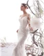 Charmant Ivoire Robe De Mariée 2019 Trompette / Sirène Transparentes Encolure Dégagée Perlage En Dentelle Fleur 3/4 Manches Chapel Train