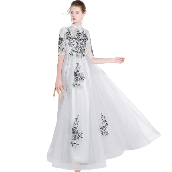 Chic / Beautiful Grey Evening Dresses 2018 A-Line / Princess Lace Appliques High Neck 1/2 Sleeves Floor-Length / Long Formal Dresses