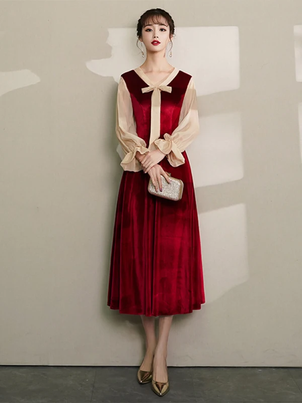 Vintage Retro Burgundy Homecoming Graduation Dresses 2019 A Line Princess V  Neck Bow Suede Long Sleeve Tea Length Prom Dresses