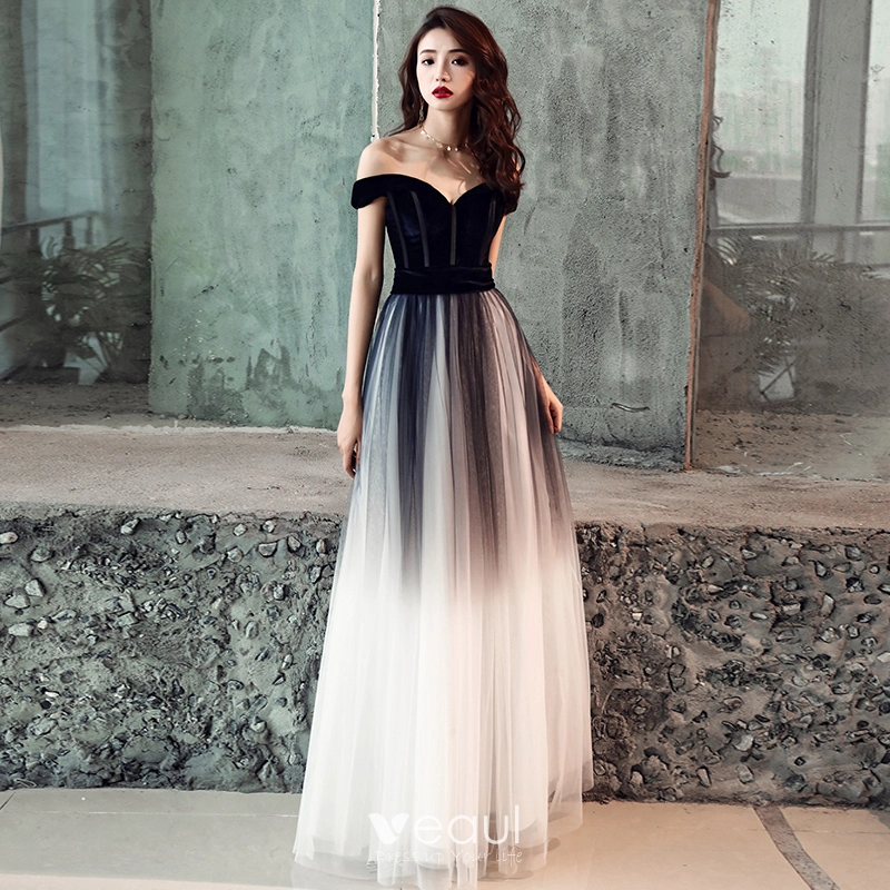 Elegant Gradient Color Black Prom Dresses 2019 A Line Princess Off The Shoulder Short Sleeve Backless