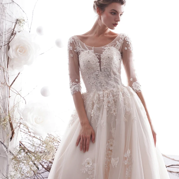Elegant Champagne Wedding Dresses 2019 A-Line / Princess Scoop Neck Beading Lace Flower Appliques 1/2 Sleeves Backless Chapel Train