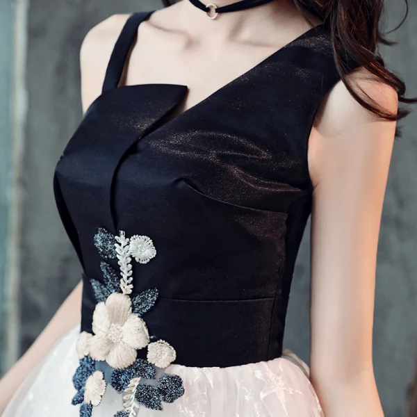 Modern / Fashion Black Homecoming Graduation Dresses 2019 A-Line / Princess Lace Appliques Star Shoulders Sleeveless Backless Knee-Length Formal Dresses