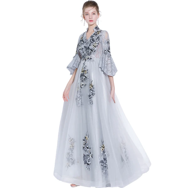 Chinese style Grey Evening Dresses  2018 A-Line / Princess Lace Appliques V-Neck 3/4 Sleeve Floor-Length / Long Formal Dresses