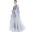 Chinese style Grey Evening Dresses  2018 A-Line / Princess Lace Appliques V-Neck 3/4 Sleeve Floor-Length / Long Formal Dresses