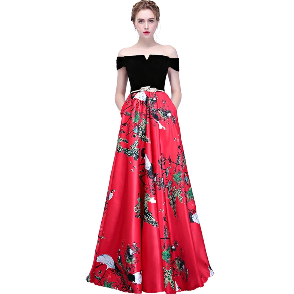 Chic / Beautiful Red Evening Dresses 2018 A-Line / Princess Metal Sash Printing Off-The-Shoulder Backless Sleeveless Floor-Length / Long Formal Dresses