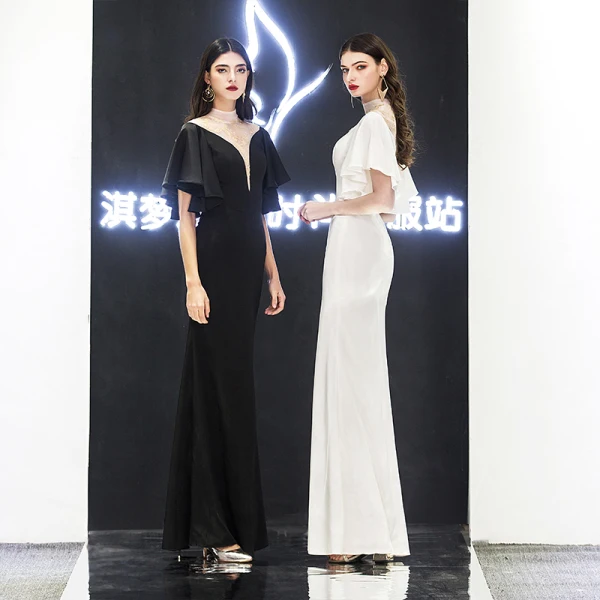 Chic / Belle Noire Robe De Soirée 2019 Trompette / Sirène Col Haut En Dentelle Fleur Manches Courtes Longue Robe De Ceremonie