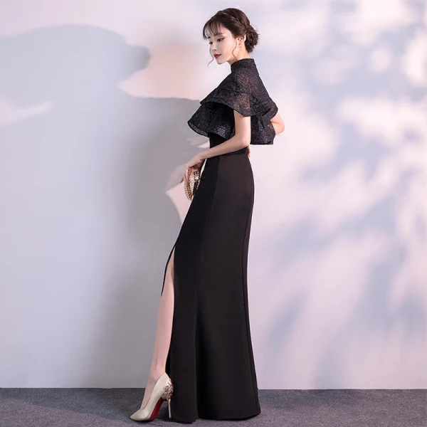Chinese style Black Evening Dresses 2019 Trumpet / Mermaid High Neck Short Sleeve Split Front Floor-Length / Long Formal Dresses