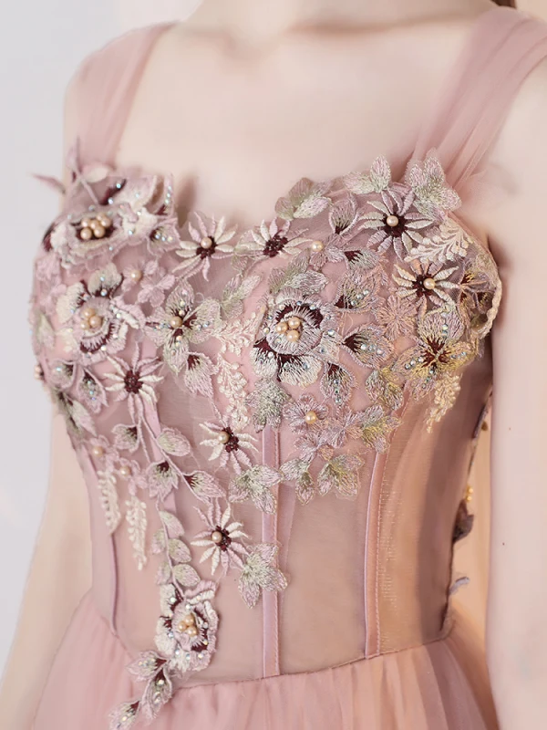 Elegant Blushing Pink Homecoming Graduation Dresses 2019 A-Line / Princess Lace Flower Pearl Rhinestone Backless Floor-Length / Long Formal Dresses