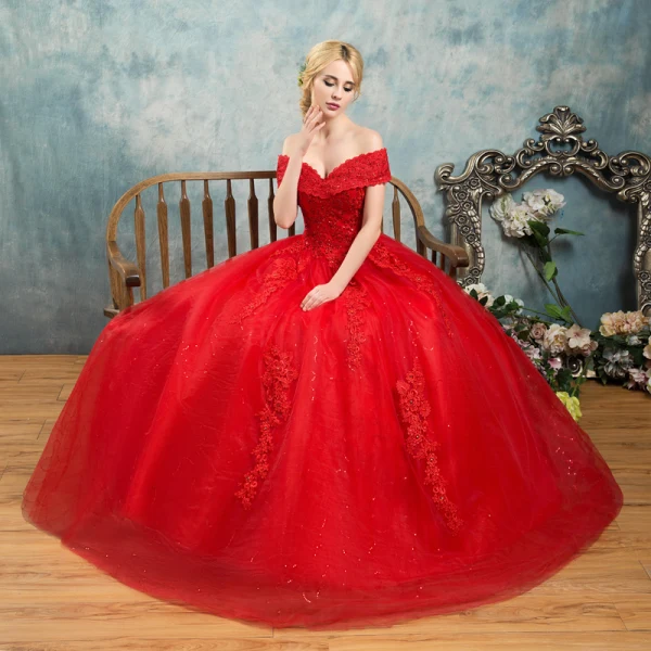 Elegant Red Wedding Dresses 2019 Ball Gown Off-The-Shoulder Beading Crystal Flower Lace Short Sleeve Backless Floor-Length / Long