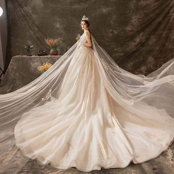 Luxury / Gorgeous Champagne Wedding Dresses 2019 A-Line / Princess Scoop Neck Beading Crystal Lace Flower Sequins Sleeveless Backless Watteau Train Royal Train