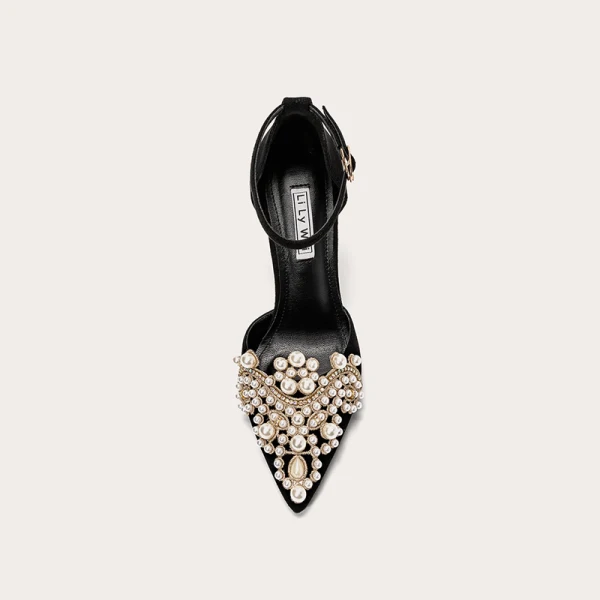 Charming Black Evening Party Leather Pearl Rhinestone Womens Shoes 2021 Ankle Strap 10 cm Stiletto Heels Pointed Toe High Heels