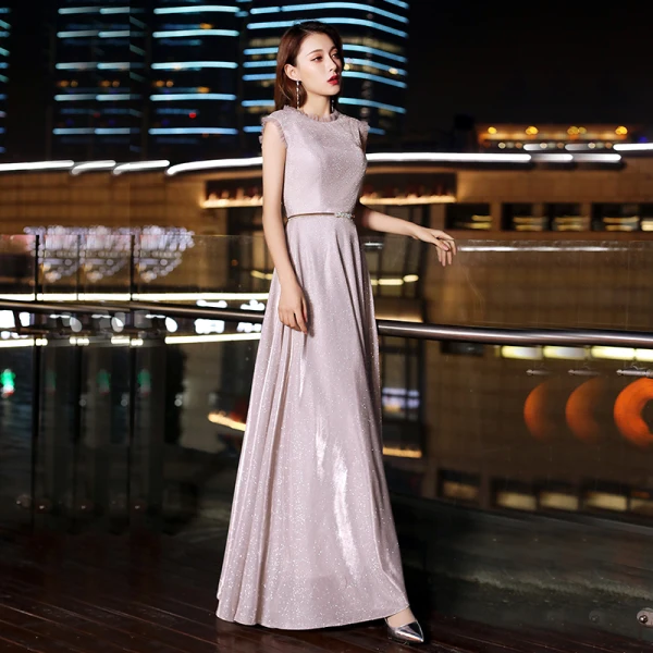 Chic / Beautiful Blushing Pink Evening Dresses 2019 A-Line / Princess Scoop Neck Glitter Polyester Sash Sleeveless Floor-Length / Long Formal Dresses