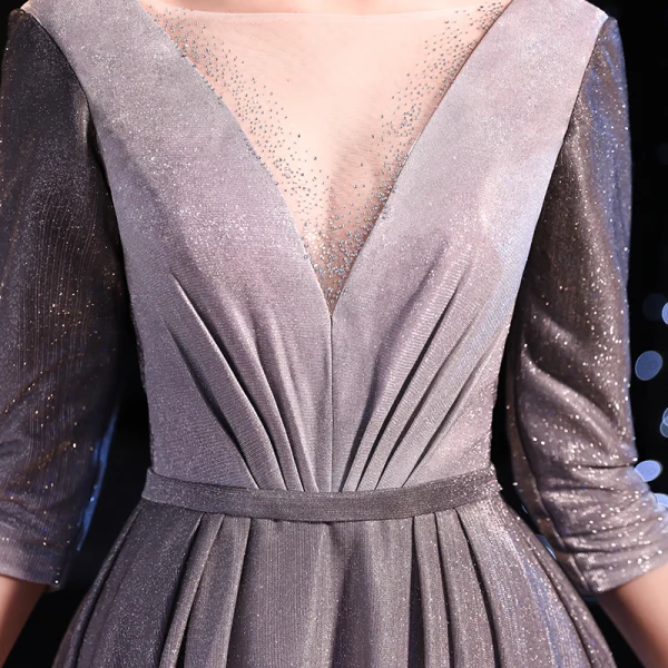 Charmig Stjärnbeströdd Himmel Gradient-Färg Aftonklänningar 2019 Prinsessa 1/2 ärm Halterneck Glittriga / Glitter Polyester Långa Formella Klänningar