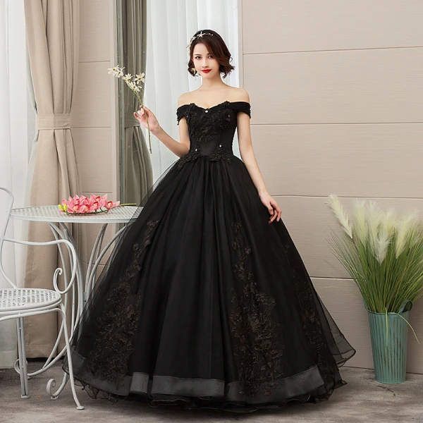 Elegant Black Quinceañera Prom Dresses 2019 A-Line / Princess Off-The-Shoulder Pearl Lace Flower Short Sleeve Backless Floor-Length / Long Formal Dresses