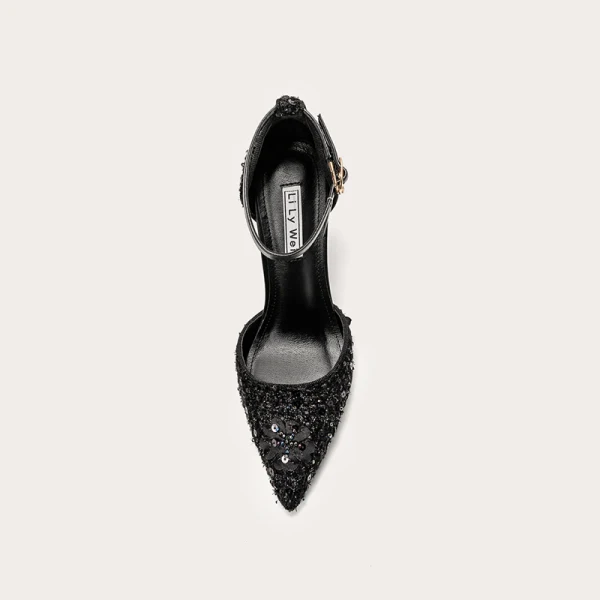 Charmant Schwarz Abend Perlenstickerei Pailletten Sandalen Damen 2021 Leder Knöchelriemen 10 cm Stilettos Spitzschuh Pumps Hochhackige