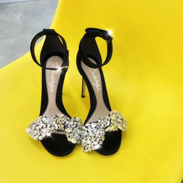 Charmant Noire Soirée Chaussures Femmes 2019 Cuir Bride Cheville Faux Diamant 10 cm Talons Aiguilles Peep Toes / Bout Ouvert Talons