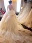 Luxury / Gorgeous Champagne Glitter Wedding Dresses 2019 A-Line / Princess See-through Deep V-Neck Sleeveless Backless Cascading Ruffles