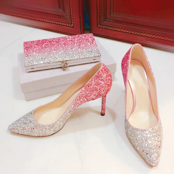 Glitter Gradiëntkleur Avond Pumps 2019 Leer Pailletten 8 cm Naaldhakken / Stiletto Spitse Neus Pumps
