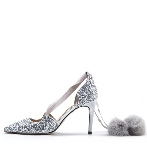Chic / Belle Argenté Rendez-vous Chaussures Femmes 2019 Cuir Paillettes Bride Cheville 8 cm Talons Aiguilles À Bout Pointu Talons Hauts