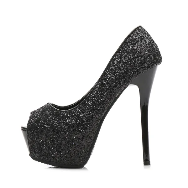 Fashion Black Rave Club Sequins Womens Shoes 2021 14 cm Stiletto Heels Open / Peep Toe High Heels