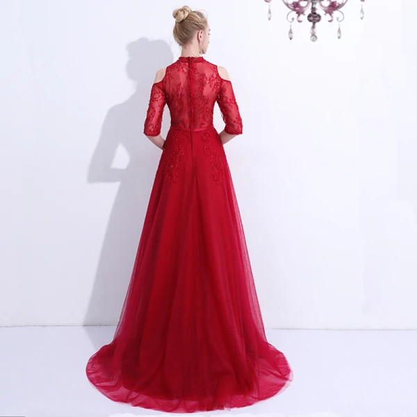 Chic / Belle Bordeaux Robe De Soirée 2018 Princesse En Dentelle Fleur Perlage Cristal Perle Noeud épaules 1/2 Manches Longue Robe De Ceremonie