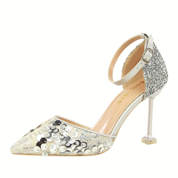 Affordable Silver Casual Womens Shoes 2019 Ankle Strap Sequins 9 cm Stiletto Heels Pointed Toe High Heels