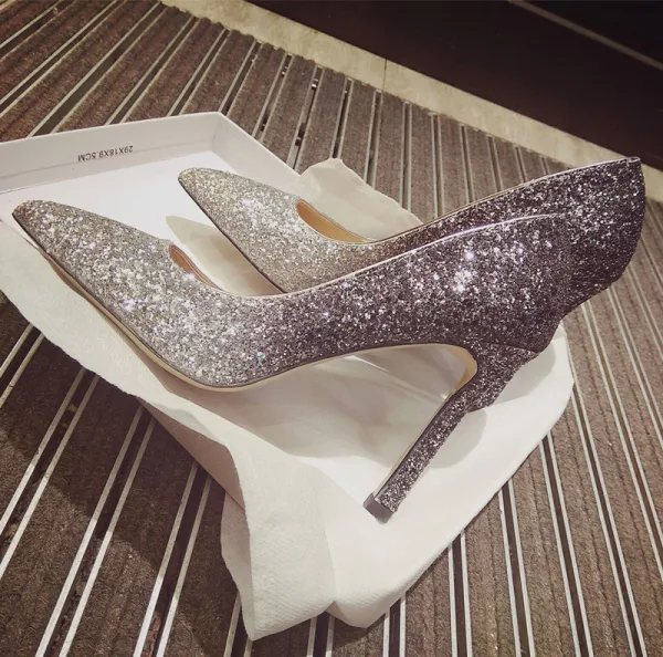 Charmant Dégradé De Couleur Argenté Chaussure De Mariée 2019 Paillettes 10 cm Talons Aiguilles À Bout Pointu Mariage Escarpins