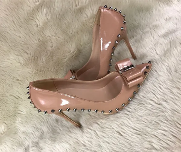 Chic / Beautiful Nude Casual Pumps 2019 Leather Bow Rivet 12 cm Stiletto Heels Pointed Toe Pumps