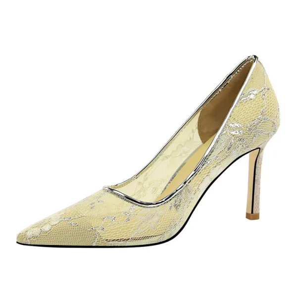 Fine Sølv Blonder Aften Pumps 2019 8 cm Stiletthæler Spisse Pumps