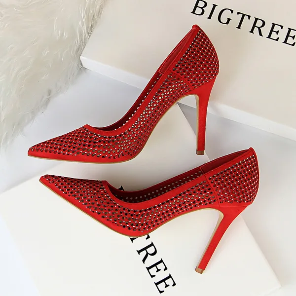 Schöne Schwarz Freizeit Durchbohrt Pumps 2019 Wildleder Strass 9 cm Stilettos Spitzschuh Pumps