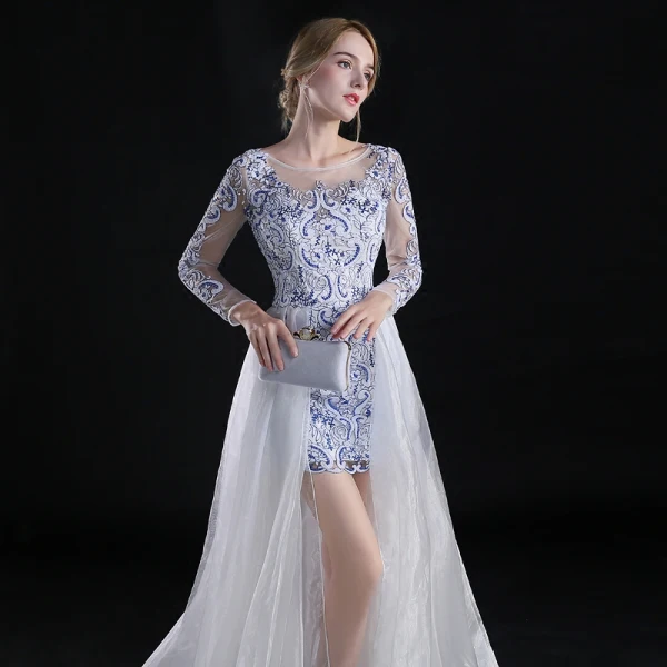 Chinese style Asymmetrical Evening Dresses 2017 A-Line / Princess Scoop Neck Long Sleeve Embroidered Flower White Organza Detachable Formal Dresses