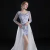 Chinese style Asymmetrical Evening Dresses  2017 A-Line / Princess Scoop Neck Long Sleeve Embroidered Flower White Organza Detachable Formal Dresses
