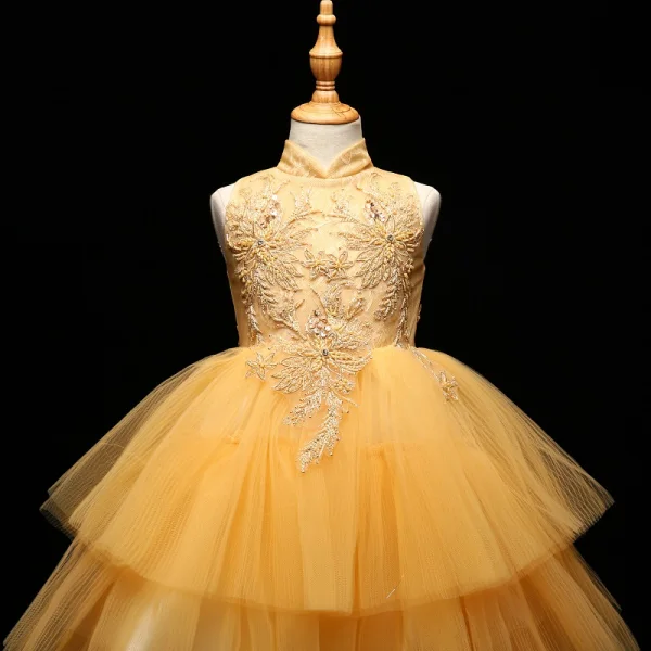 Chic / Beautiful Detachable Flower Girl Dresses 2017 Ball Gown Lace Appliques Crystal High Neck Sleeveless Asymmetrical Wedding Party Dresses