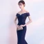 Charmant Bleu Marine Robe De Soirée 2018 Trompette / Sirène De l'épaule Manches Courtes Appliques En Dentelle Perlage Chapel Train Dos Nu Robe De Ceremonie