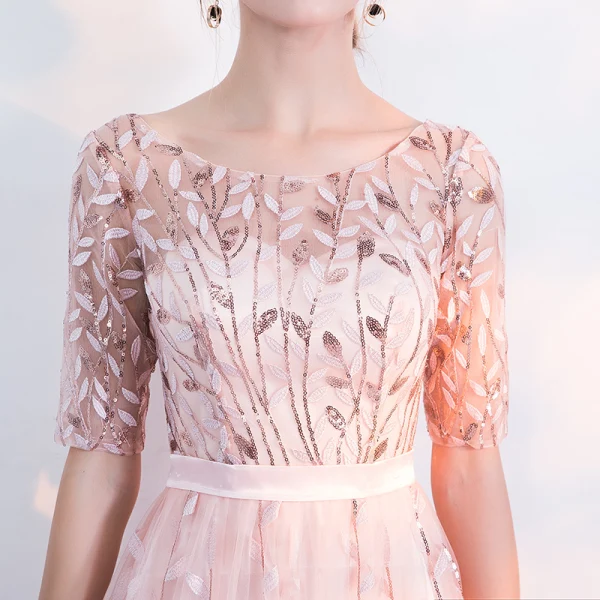 Chic / Belle Robe De Soirée 2017 Princesse En Dentelle Paillettes Ceinture Encolure Dégagée 1/2 Manches Longue Robe De Ceremonie