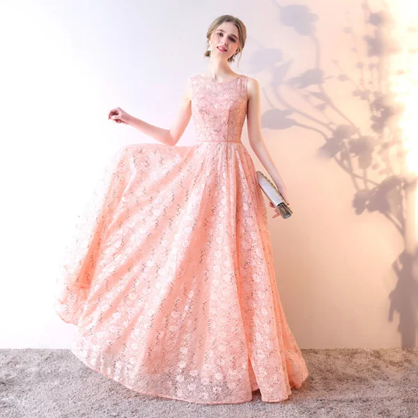 Chic / Beautiful Evening Dresses 2017 A-Line / Princess Lace Sequins Scoop Neck Sleeveless Floor-Length / Long Formal Dresses