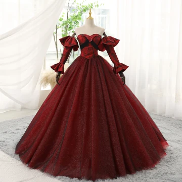 Charming Burgundy Glitter Prom Dresses 2023 Ball Gown Strapless Bell Sleeves Backless Floor Length Long Prom Formal Dresses