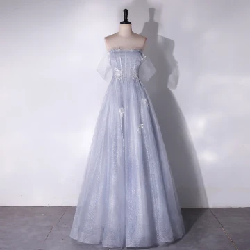 Charming Grey Beading Sequins Lace Flower Prom Dresses 2024 A Line Princess Strapless Sleeveless Backless Floor Length Long Prom Formal Dresses
