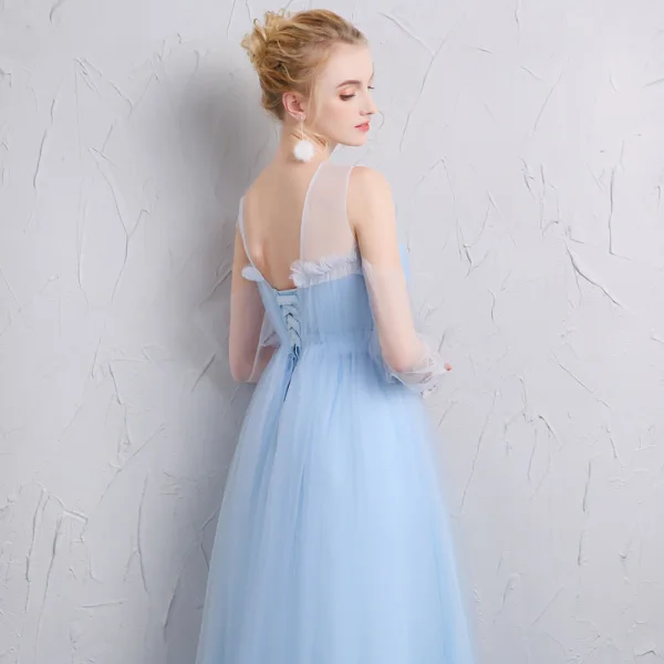 Modest / Simple Sky Blue Bridesmaid Dresses 2018 A-Line / Princess Shoulders Backless Short Sleeve Floor-Length / Long Wedding Party Dresses