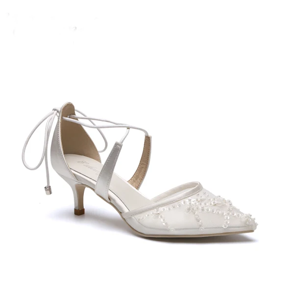 Elegante Weiß Brautschuhe 2019 X-Riemen Spitze Pailletten Schleife 5 cm Stilettos Spitzschuh Hochzeit Hochhackige