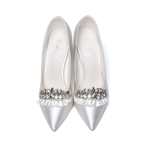 Luxury / Gorgeous White Wedding Shoes 2019 Leather Rhinestone 8 cm Stiletto Heels Pointed Toe Wedding Pumps