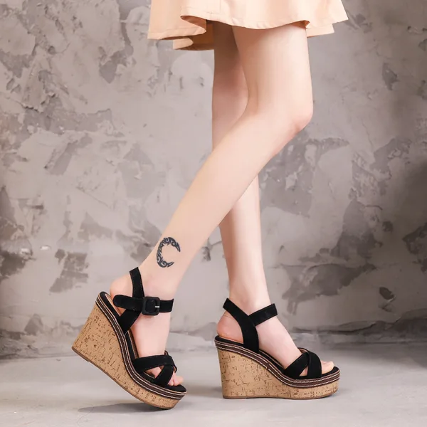 Chic / Beautiful Brown Street Wear Waterproof Womens Sandals 2021 Ankle Strap 11 cm Wedges Open / Peep Toe Sandals High Heels