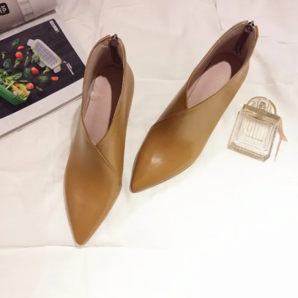Simple Beige Désinvolte Bottes Femme 2019 Cuir 7 cm Talons Aiguilles À Bout Pointu Bottes