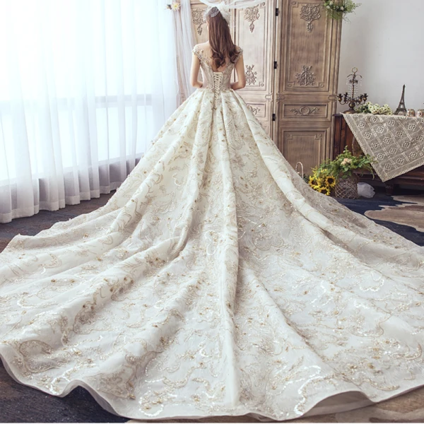 Luxury / Gorgeous Champagne Handmade Beading Wedding Dresses 2019 A-Line / Princess Scoop Neck Lace Flower Star Sequins Cap Sleeves Backless Cathedral Train