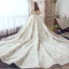 Luxury / Gorgeous Champagne Handmade  Beading Wedding Dresses 2019 A-Line / Princess Scoop Neck Lace Flower Star Sequins Cap Sleeves Backless Cathedral Train