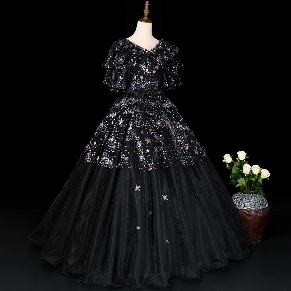 Sparkly Black Prom Dresses 2019 A-Line / Princess V-Neck Star Sequins Lace Flower 1/2 Sleeves Floor-Length / Long Formal Dresses