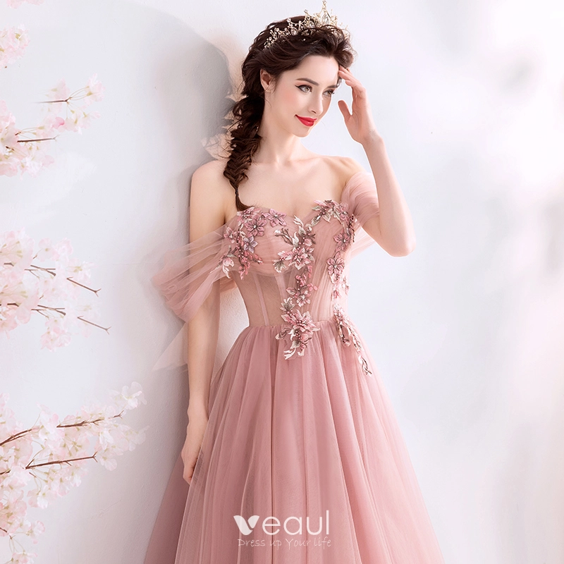 Chic Beautiful Blushing Pink Prom Dresses 2019 A Line Princess Off The Shoulder Pearl Rhinestone Lace