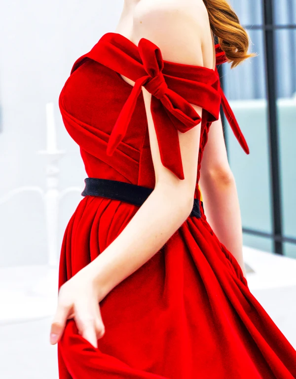 Schöne Einfarbig Rot Abendkleider 2019 A Linie Off Shoulder Wildleder Schleife Ärmellos Rückenfreies Lange Festliche Kleider