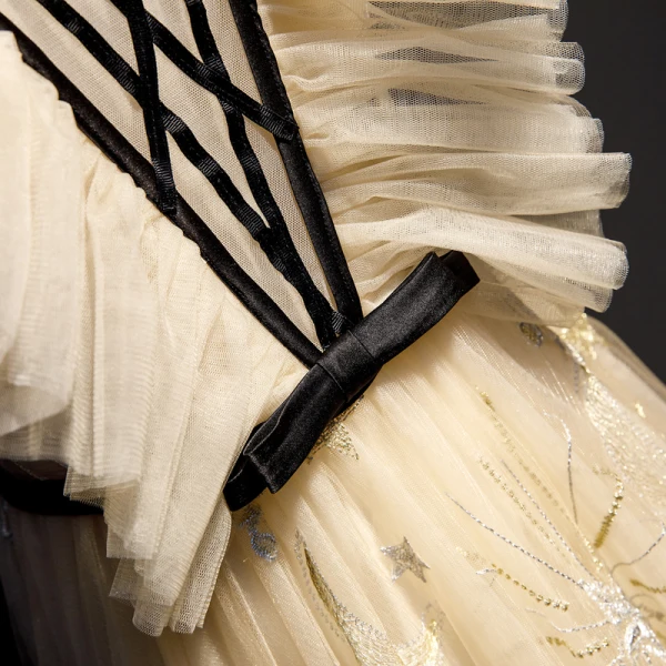 Élégant Champagne Robe De Bal 2019 Princesse Encolure Dégagée Volants En Dentelle Fleur Étoile Noeud Sans Manches Dos Nu Longue Robe De Ceremonie